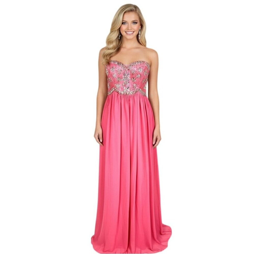 Strapless Pink Gown 8 Crystal Beaded Flowing Chiffon Prom Pageant Formal Dress